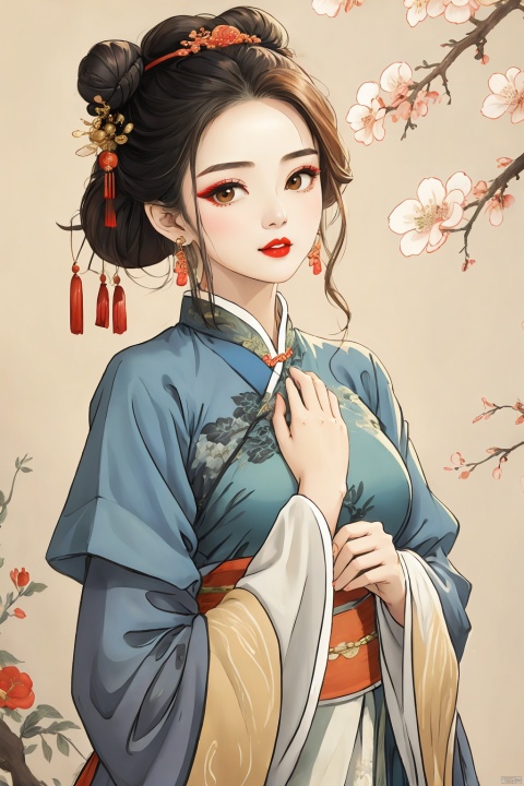 1girl, solo, long hair, looking at viewer, brown hair, black hair, hair ornament, long sleeves, white background, dress, jewelry, closed mouth, upper body, flower, earrings, hand up, hair flower, wide sleeves, hair bun, head tilt, sash, makeup, chinese clothes, hand on own chest, red lips, layered sleeves, hanfu, guoflinke, qingyi, lj