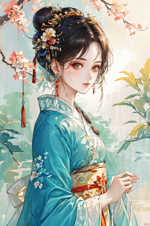 1girl, solo, long hair, looking at viewer, black hair, hair ornament, long sleeves, holding, jewelry, closed mouth, upper body, flower, earrings, hair bun, sash, chinese clothes, tassel, tassel earrings, hanfu, guoflinke