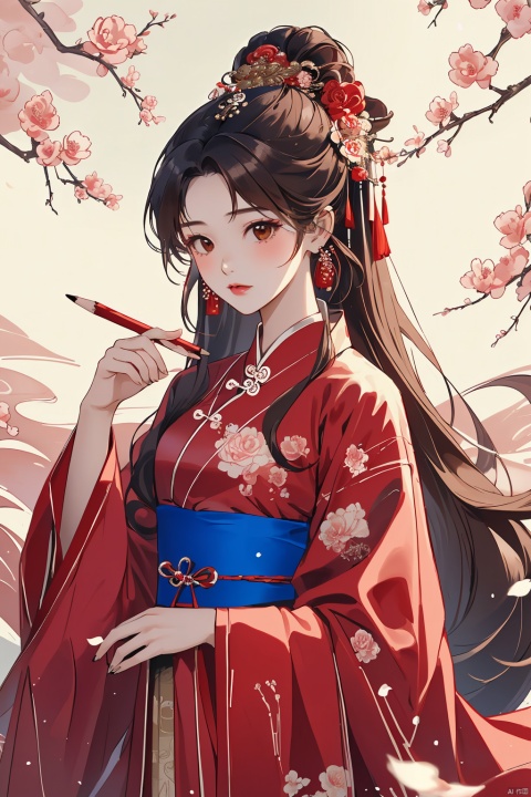  (masterpiece, best quality:1.2),(1girl:1.5),aged vintage paper,
a red pattern with white swirls ,Pencil Draw, jujingyi, 1girl, long hair, brown hair, hair ornament, long sleeves, very long hair, upper body, flower, wide sleeves, sash, petals, chinese clothes, Pencil Draw, flower, (\meng ze\),bubble, hydress