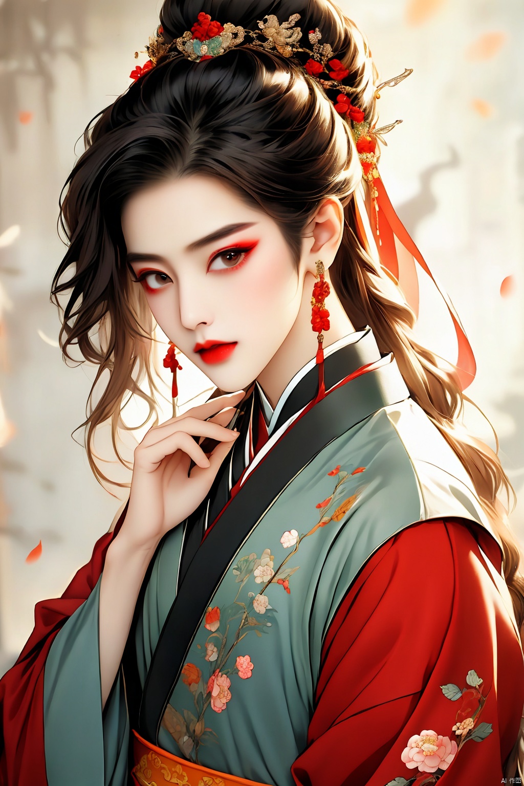 1girl, solo, long hair, looking at viewer, brown hair, black hair, hair ornament, long sleeves, white background, dress, jewelry, closed mouth, upper body, flower, earrings, hand up, hair flower, wide sleeves, hair bun, head tilt, sash, makeup, chinese clothes, hand on own chest, red lips, layered sleeves, hanfu, guoflinke, qingyi, lj