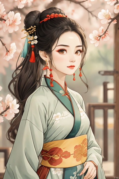 1girl, solo, long hair, looking at viewer, black hair, hair ornament, upper body, ponytail, flower, outdoors, blurry, petals, chinese clothes, jewelry, closed mouth, upper body, flower, earrings, hair bun, sash, chinese clothes, tassel, tassel earrings, hanfu,cherry_blossom,guoflinke, qingyi, lj