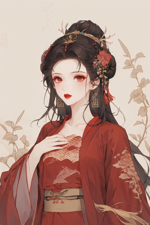 1girl, solo, long hair, black hair, hair ornament, long sleeves, dress, jewelry, upper body, flower, earrings, hair flower, wide sleeves, hair bun, sash, makeup, chinese clothes, single hair bun, hand on own chest, tassel, red lips, hanfu