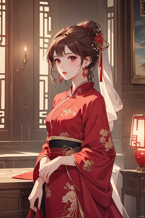 (masterpiece, top quality, best quality, official art, beautiful and aesthetic:1.2),gf-hd, 1girl, solo, hair ornament, jewelry, dress, red dress, earrings, chinese clothes, brown hair, ribbon, hanfu, red ribbon, shawl, sufei