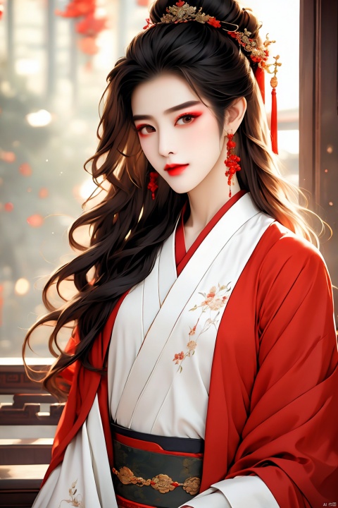 1girl, solo, long hair, looking at viewer, brown hair, black hair, hair ornament, long sleeves, white background, dress, jewelry, closed mouth, upper body, flower, earrings, hand up, hair flower, wide sleeves, hair bun, head tilt, sash, makeup, chinese clothes, hand on own chest, red lips, layered sleeves, hanfu, guoflinke, qingyi, lj