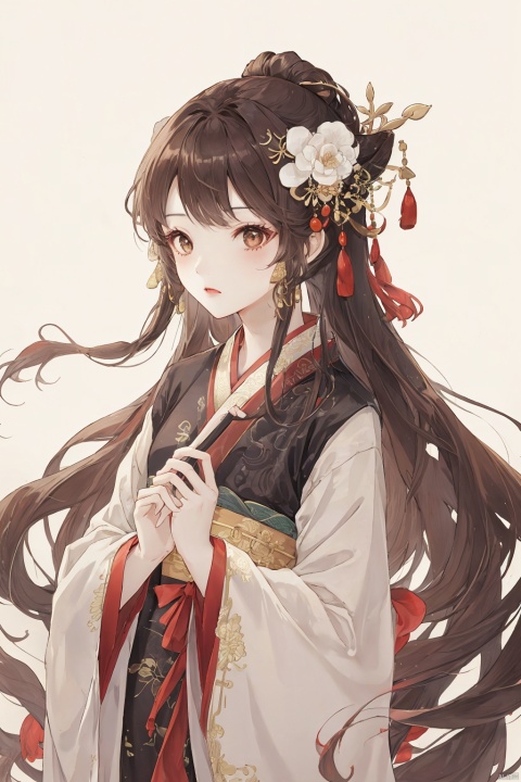 1girl, solo, long hair, brown hair, hair ornament, long sleeves, very long hair, upper body, flower, wide sleeves, chinese clothes, white background, hair stick, hanfu, han style, lora_eyes10