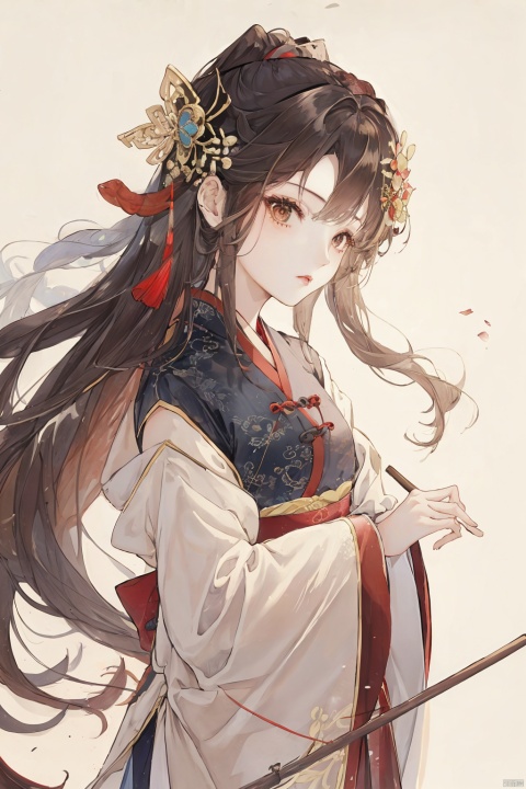 1girl, solo, long hair, brown hair, hair ornament, long sleeves, very long hair, upper body, flower, wide sleeves, chinese clothes, white background, hair stick, hanfu, han style, lora_eyes10