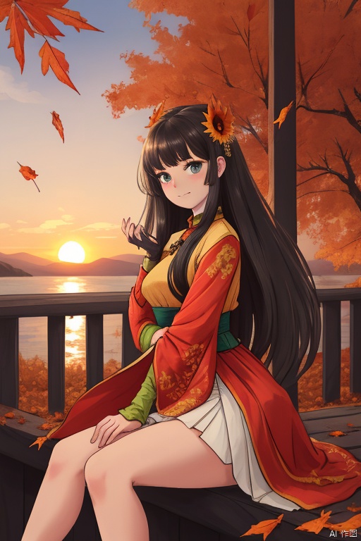 Ancient style beauty with long hair,  sitting on the railing with the sunset, fallen leaves  in the distance,中式红色汉服,凤冠霞帔,头上发饰精美,发髻复杂,circle skirt