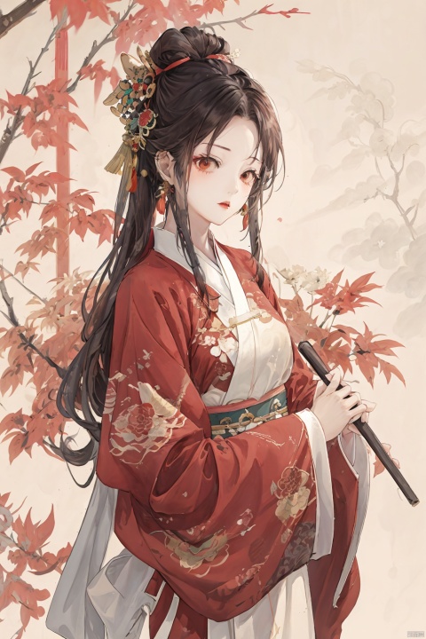 1girl, solo, long hair, brown hair, hair ornament, long sleeves, very long hair, upper body, flower, wide sleeves, chinese clothes, white background, hair stick, hanfu, han style