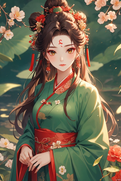 1girl, solo, long hair, looking at viewer, brown hair, hair ornament, long sleeves, dress, jewelry, closed mouth, upper body, flower, earrings, hair flower, wide sleeves, hair bun, sash, leaf, chinese clothes, green dress, forehead mark, hanfu