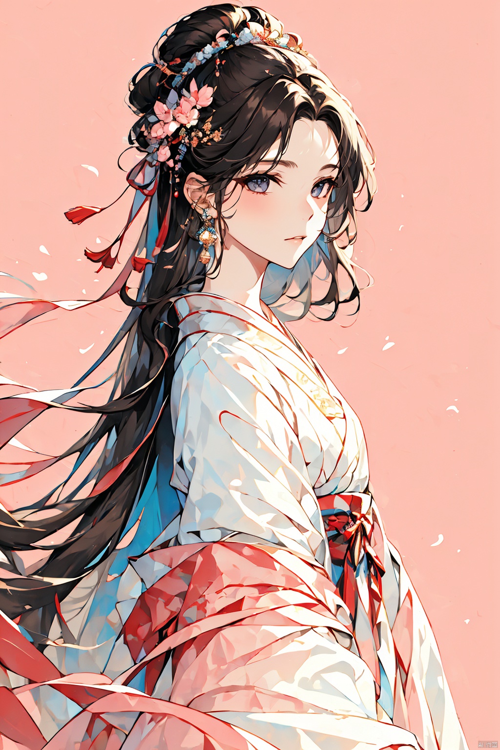  1girl, solo, very long hair, looking at viewer, brown hair, black hair, hair ornament, long sleeves, ribbon, jewelry, closed mouth, upper body, flower, earrings, hair flower, from side, chinese clothes, pink background, white theme, hanfu, jijianchahua, xihuabeauty, guoflinke