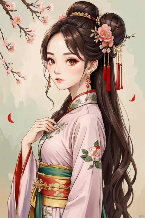  1girl, solo, long hair, looking at viewer, brown hair, hair ornament, long sleeves, dress, jewelry, closed mouth, upper body, flower, earrings, hair flower, wide sleeves, hair bun, sash, leaf, chinese clothes, pink dress, hanfu