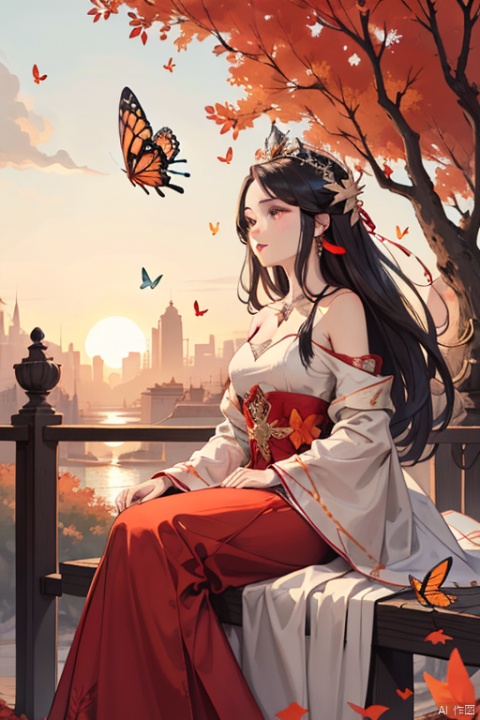 Ancient style beauty with long hair, red wedding dress and phoenix crown, sitting on the railing with the sunset, fallen leaves and butterflies flying in the distance