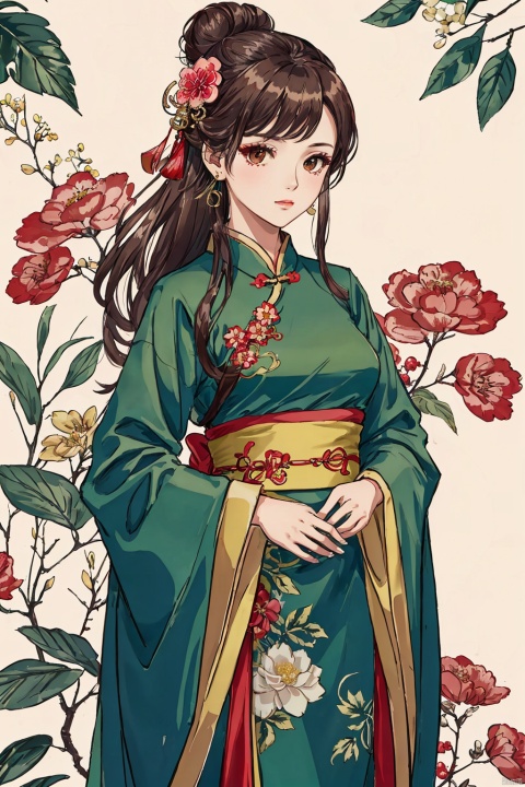 1girl, solo, long hair, looking at viewer, brown hair, hair ornament, long sleeves, dress, jewelry, closed mouth, upper body, flower, earrings, hair flower, wide sleeves, hair bun, sash, leaf, chinese clothes, green dress, hanfu