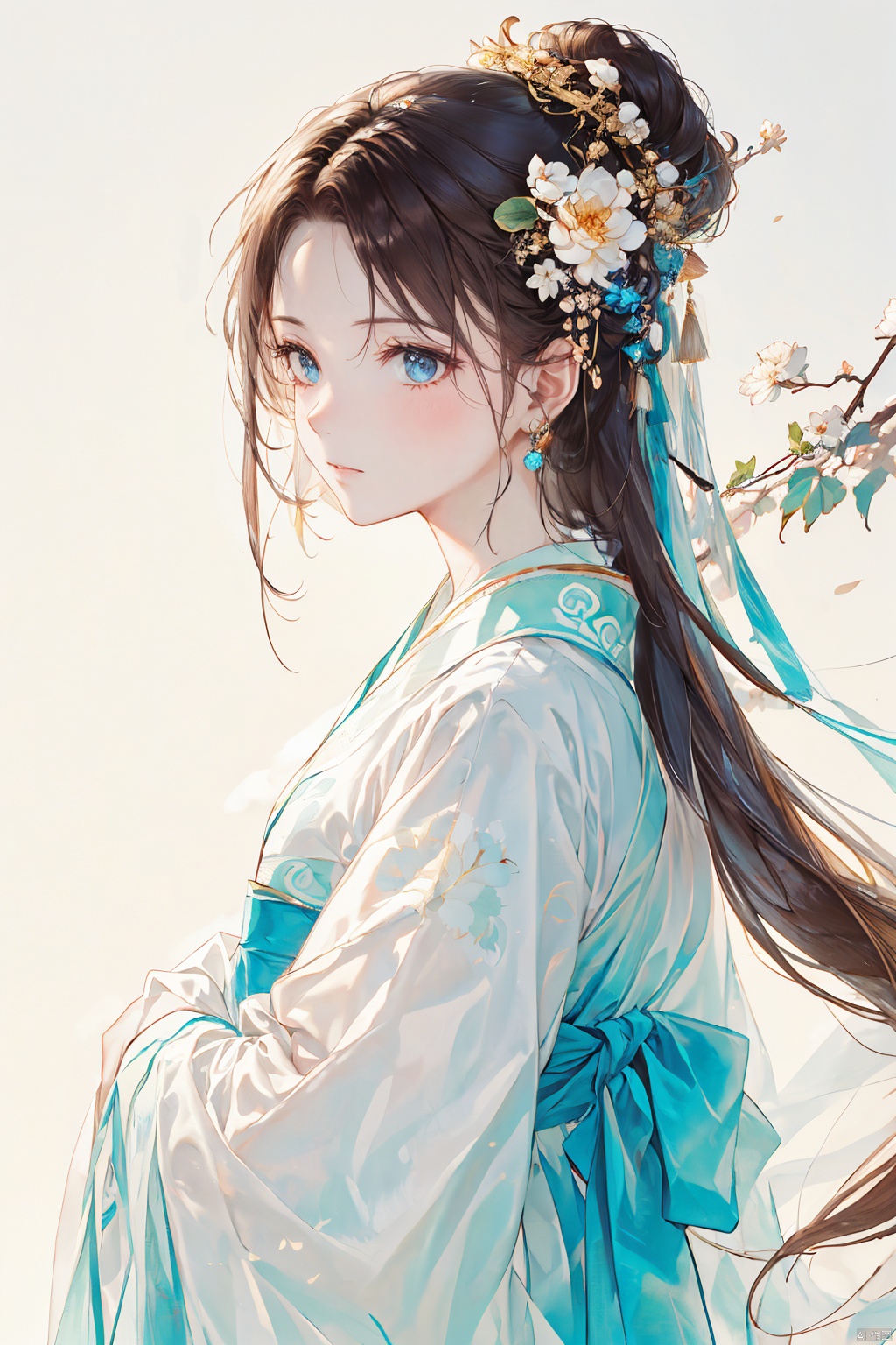  1girl, solo, very long hair, looking at viewer, brown hair, black hair, hair ornament, long sleeves, ribbon, jewelry, closed mouth, upper body, flower, earrings, hair flower, from side, chinese clothes, white background, white theme, hanfu