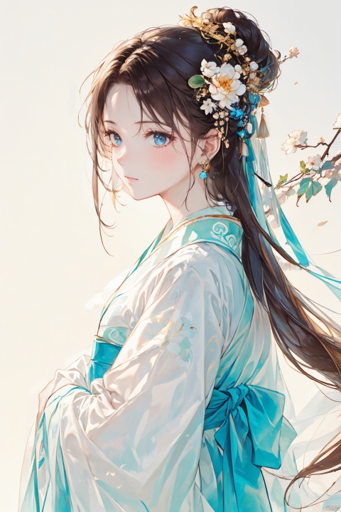  1girl, solo, very long hair, looking at viewer, brown hair, black hair, hair ornament, long sleeves, ribbon, jewelry, closed mouth, upper body, flower, earrings, hair flower, from side, chinese clothes, white background, white theme, hanfu