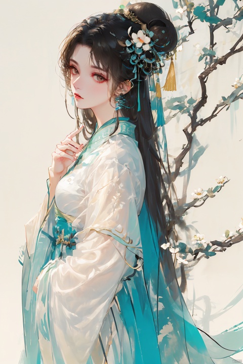 1girl, solo, long hair, looking at viewer, black hair, hair ornament, long sleeves, dress,brown eyes, jewelry, closed mouth, upper body, flower, earrings, hand up, hair bun, white dress, from side, chinese clothes, single hair bun, white background, tassel, hanfu, qingyi