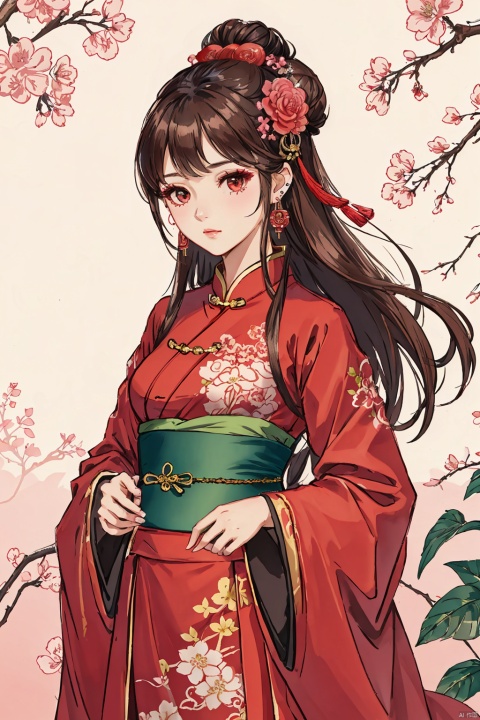  1girl, solo, long hair, looking at viewer, brown hair, hair ornament, long sleeves, dress, jewelry, closed mouth, upper body, flower, earrings, hair flower, wide sleeves, hair bun, sash, leaf, chinese clothes, pink dress, hanfu