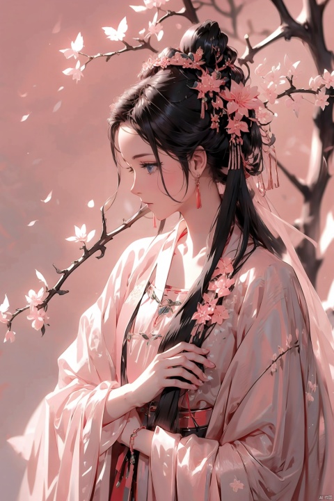  1girl, solo, long hair, black hair, hair ornament, long sleeves, pink background, dress, jewelry, upper body, flower, earrings, hair flower, hair bun, blurry, from side, chinese clothes, single hair bun, shawl, branch, red lips, hanfu