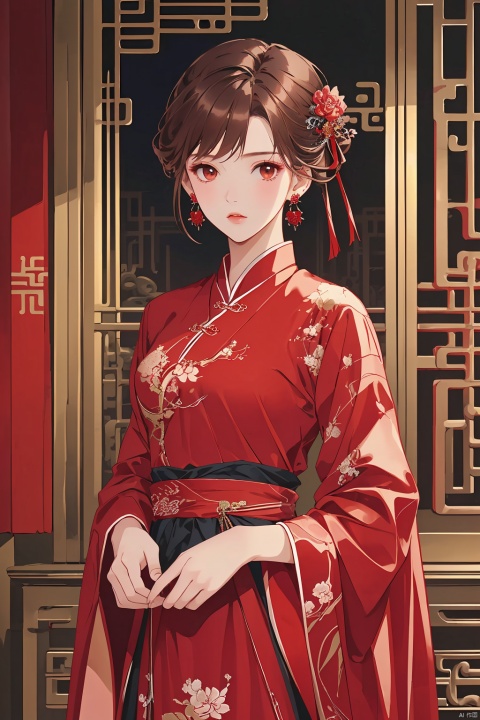 (masterpiece, top quality, best quality, official art, beautiful and aesthetic:1.2),gf-hd, 1girl, solo, hair ornament, jewelry, dress, red dress, earrings, chinese clothes, brown hair, ribbon, hanfu, red ribbon, shawl, sufei