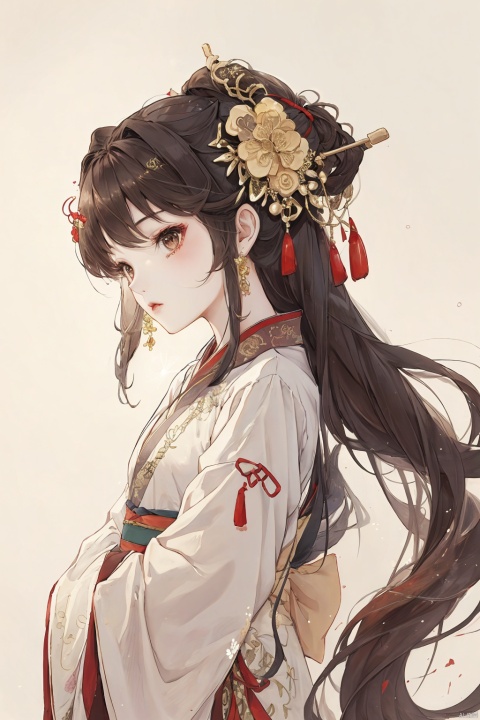 1girl, solo, long hair, brown hair, hair ornament, long sleeves, very long hair, upper body, flower, wide sleeves, chinese clothes, white background, hair stick, hanfu, han style, lora_eyes10