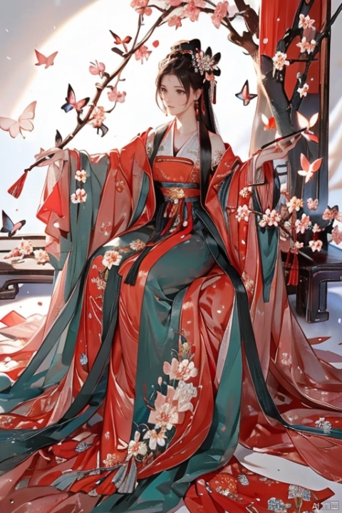 1girl, solo, long hair, black hair, hair ornament, long sleeves, white background, dress, holding, jewelry, sitting, very long hair, closed mouth, full body, flower, earrings, wide sleeves, hair bun, from side, sash, petals, chinese clothes, border, red dress, bug, butterfly, tassel, hand fan, branch, holding fan, hanfu, Hanama wine