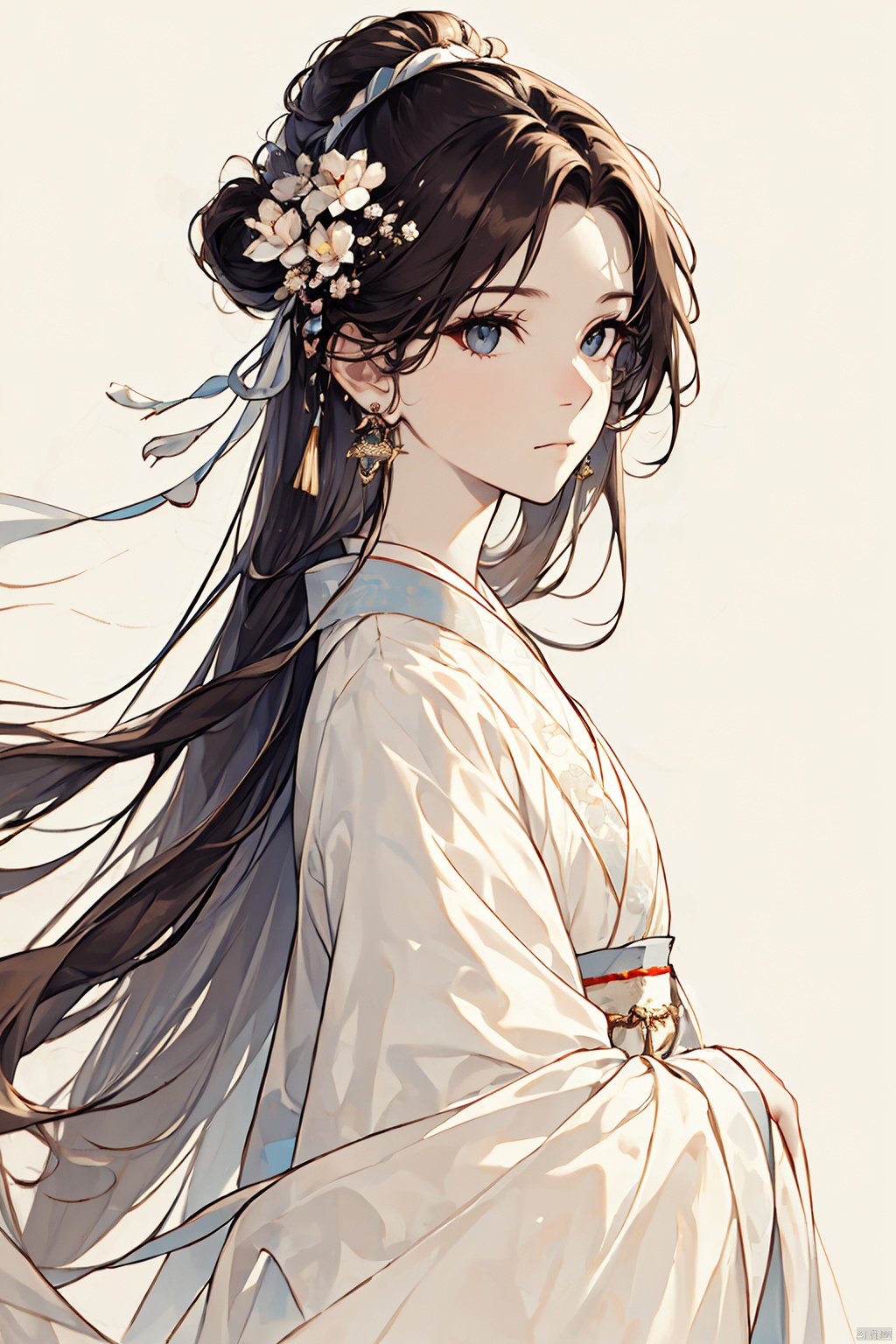  1girl, solo, very long hair, looking at viewer, brown hair, black hair, hair ornament, long sleeves, ribbon, jewelry, closed mouth, upper body, flower, earrings, hair flower, from side, chinese clothes, white background, white theme, hanfu, jijianchahua