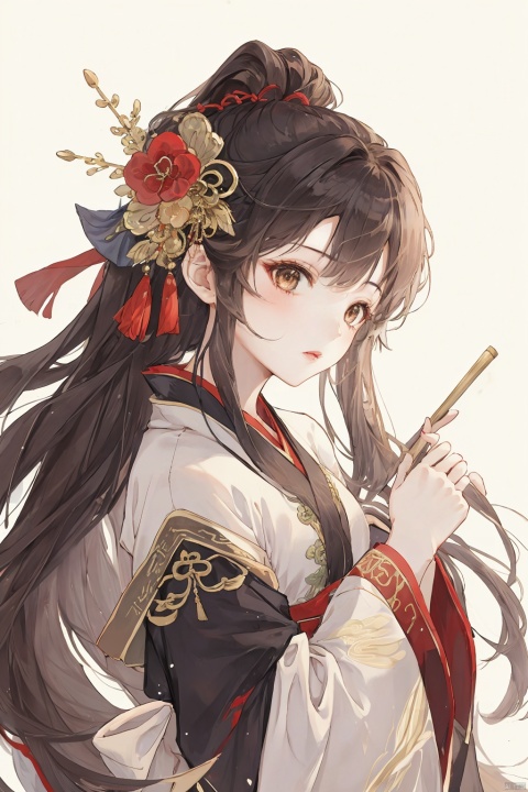 1girl, solo, long hair, brown hair, hair ornament, long sleeves, very long hair, upper body, flower, wide sleeves, chinese clothes, white background, hair stick, hanfu, han style, lora_eyes10