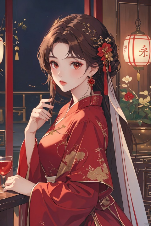 (masterpiece, top quality, best quality, official art, beautiful and aesthetic:1.2),gf-hd, 1girl, solo, hair ornament, jewelry, dress, red dress, earrings, chinese clothes, brown hair, ribbon, hanfu, red ribbon, shawl