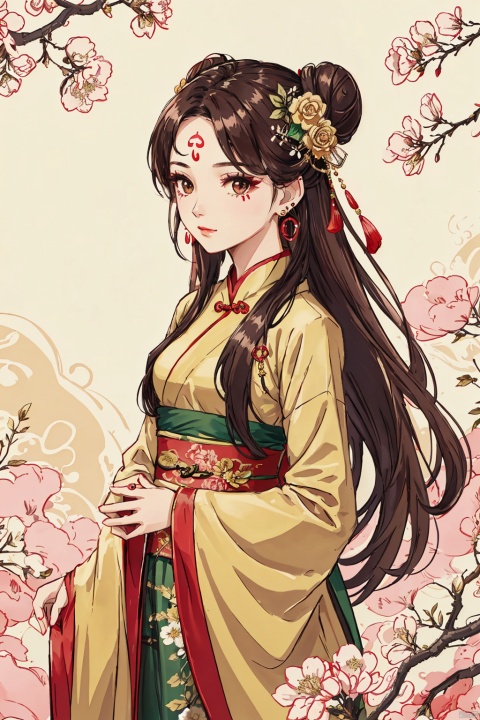 1girl, solo, long hair, looking at viewer, brown hair, hair ornament, long sleeves, dress, jewelry, closed mouth, upper body, flower, earrings, hair flower, wide sleeves, hair bun, sash, leaf, chinese clothes, green dress, forehead mark, hanfu