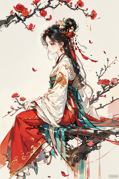 1girl, solo, long hair, black hair, hair ornament, long sleeves, white background, dress, holding, jewelry, sitting, very long hair, closed mouth, full body, flower, earrings, wide sleeves, hair bun, from side, sash, petals, chinese clothes, border, red dress, bug, butterfly, tassel, hand fan, branch, holding fan, hanfu