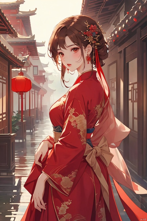 (masterpiece, top quality, best quality, official art, beautiful and aesthetic:1.2),gf-hd, 1girl, solo, hair ornament, jewelry, dress, red dress, earrings, chinese clothes, brown hair, ribbon, hanfu, red ribbon, shawl