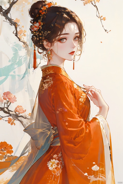 1girl, solo, looking at viewer, brown hair, black hair, hair ornament, jewelry, closed mouth, upper body, flower, earrings, hair flower, hair bun, from side, looking to the side, grey eyes, chinese clothes, floral print, gem, tassel, red lips, orange shirt, orange dress, orange flower, flower earrings,hanfu