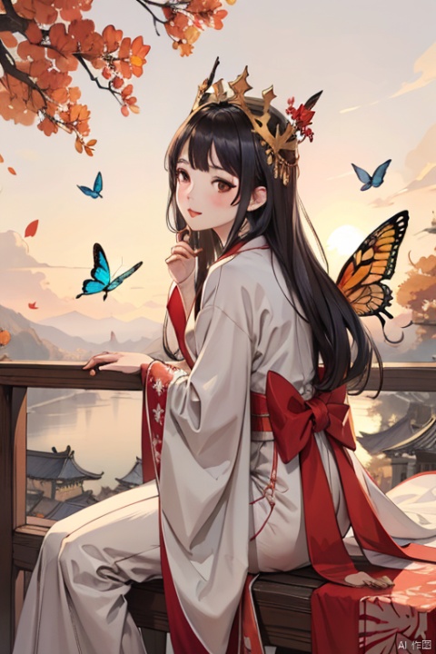 Ancient style beauty with long hair, red wedding dress and phoenix crown, sitting on the railing with the sunset, fallen leaves and butterflies flying in the distance,中式汉服