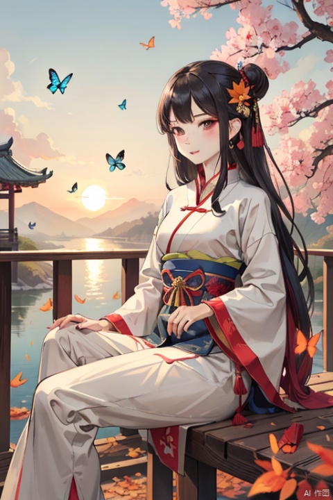 Ancient style beauty with long hair,  sitting on the railing with the sunset, fallen leaves and butterflies flying in the distance,中式红色汉服,凤冠霞帔,头上发饰精美