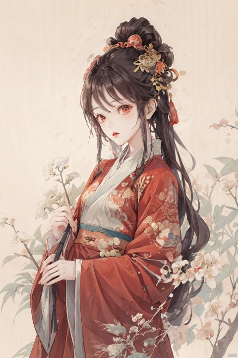 1girl, solo, long hair, brown hair, hair ornament, long sleeves, very long hair, upper body, flower, wide sleeves, chinese clothes, white background, hair stick, hanfu, han style