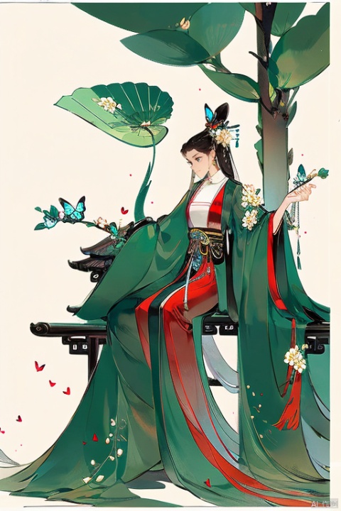 1girl, solo, long hair, black hair, hair ornament, long sleeves, white background, dress, holding, jewelry, sitting, very long hair, closed mouth, full body, flower, earrings, wide sleeves, hair bun, from side, sash, petals, chinese clothes, border, red dress, bug, butterfly, tassel, hand fan, branch, holding fan, hanfu, Hanama wine