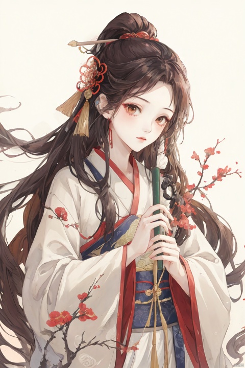 1girl, solo, long hair, brown hair, hair ornament, long sleeves, very long hair, upper body, flower, wide sleeves, chinese clothes, white background, hair stick, hanfu, han style