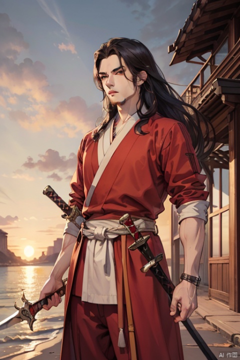 Ancient style man, elegant, long hair, red clothes, under the sunset,long sword