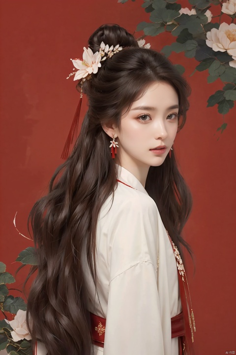  1girl, solo, long hair, looking at viewer, brown hair, black hair, hair ornament, long sleeves, ribbon, jewelry, closed mouth, upper body, flower, earrings, hair flower, from side, chinese clothes, red background, branch, red theme, Hanama wine