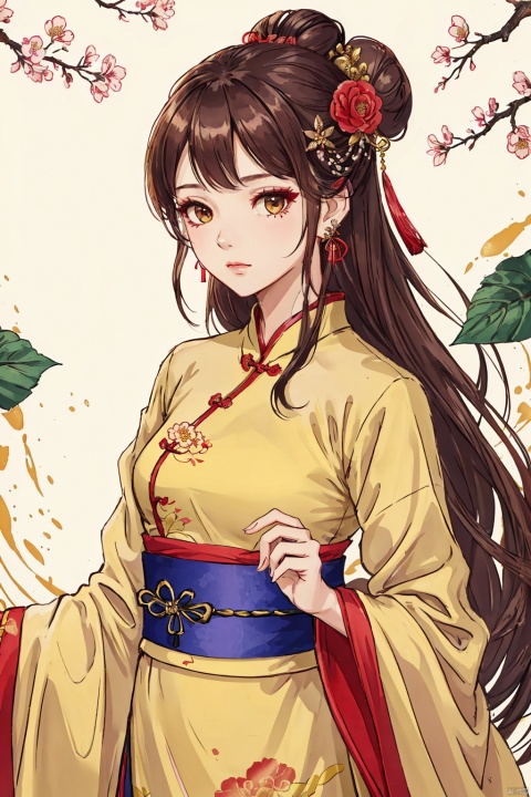 1girl, solo, long hair, looking at viewer, brown hair, hair ornament, long sleeves, dress, jewelry, closed mouth, upper body, flower, earrings, hair flower, wide sleeves, hair bun, sash, leaf, chinese clothes, light yellow dress, hanfu