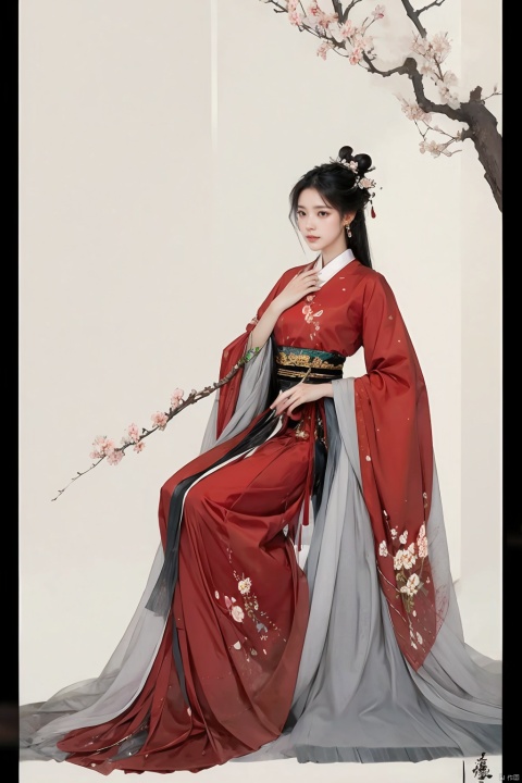 1girl, solo, long hair, black hair, hair ornament, long sleeves, white background, dress, holding, jewelry, sitting, very long hair, closed mouth, full body, flower, earrings, wide sleeves, hair bun, from side, sash, petals, chinese clothes, border, red dress, bug, butterfly, tassel, hand fan, branch, holding fan, hanfu
