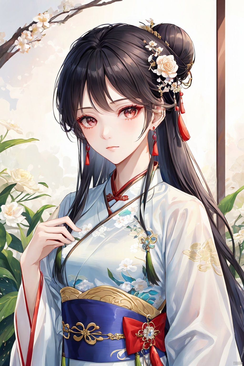 1girl, solo, long hair, looking at viewer, black hair, hair ornament, long sleeves, holding, jewelry, closed mouth, upper body, flower, earrings, hair bun, sash, chinese clothes, tassel, tassel earrings, hanfu, guoflinke, qingyi