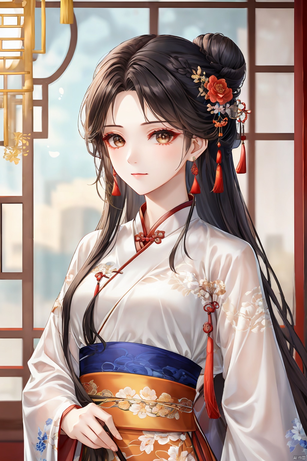 1girl, solo, long hair, looking at viewer, black hair, hair ornament, long sleeves, holding, jewelry, closed mouth, upper body, flower, earrings, hair bun, sash, chinese clothes, tassel, tassel earrings, hanfu, guoflinke, qingyi, lj