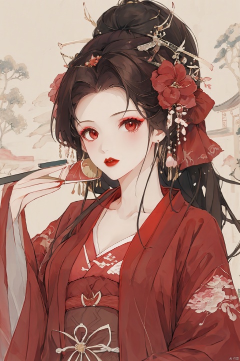 1girl, solo, long hair, looking at viewer, bangs, black hair, hair ornament, red eyes, long sleeves, ribbon, jewelry, hair ribbon, upper body, ponytail, flower, earrings, outdoors, hair flower, kimono, blurry, red ribbon, sash, makeup, blurry background, chinese clothes, obi, floral print, lipstick, hand on own chest, red flower, branch, red lips, red kimono, architecture, east asian architecture