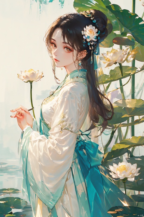 1girl, solo, long hair, looking at viewer, black hair, hair ornament, long sleeves, dress, holding, brown eyes, jewelry, closed mouth, upper body, flower, earrings, hand up, hair bun, white dress, from side, chinese clothes, single hair bun, white flower, tassel, holding flower, lily pad, lotus, hanfu