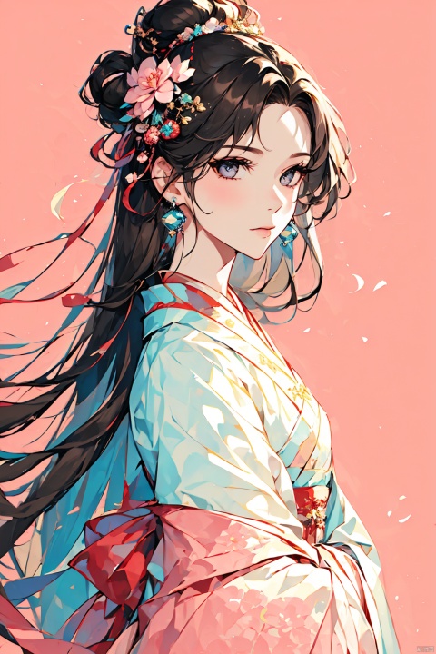  1girl, solo, very long hair, looking at viewer, brown hair, black hair, hair ornament, long sleeves, ribbon, jewelry, closed mouth, upper body, flower, earrings, hair flower, from side, chinese clothes, pink background, pink theme, hanfu, jijianchahua, xihuabeauty, guoflinke