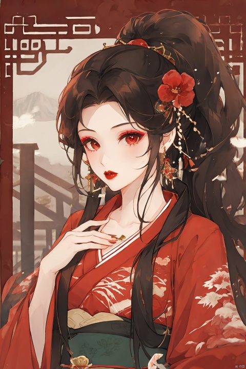 1girl, solo, long hair, looking at viewer, bangs, black hair, hair ornament, red eyes, long sleeves, ribbon, jewelry, hair ribbon, upper body, ponytail, flower, earrings, outdoors, hair flower, blurry, red ribbon, sash, makeup, blurry background, chinese clothes, obi, floral print, lipstick, hand on own chest, red flower, red lips,