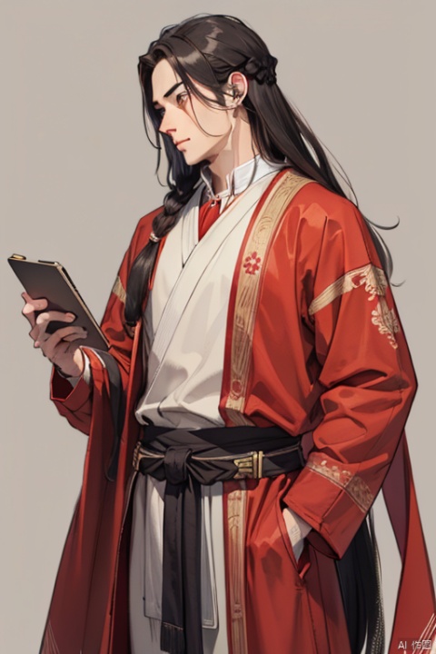 Ancient style man, elegant, long hair, red clothes