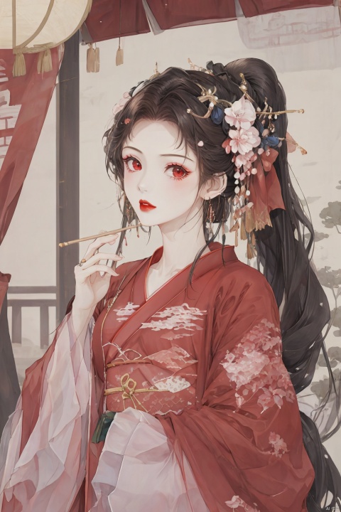 1girl, solo, long hair, looking at viewer, bangs, black hair, hair ornament, red eyes, long sleeves, ribbon, jewelry, hair ribbon, upper body, ponytail, flower, earrings, outdoors, hair flower, kimono, blurry, red ribbon, sash, makeup, blurry background, chinese clothes, obi, floral print, lipstick, hand on own chest, red flower, branch, red lips, red kimono, architecture, east asian architecture