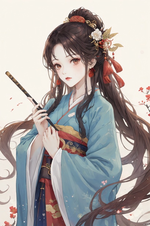 1girl, solo, long hair, brown hair, hair ornament, long sleeves, very long hair, upper body, flower, wide sleeves, chinese clothes, white background, hair stick, hanfu, han style